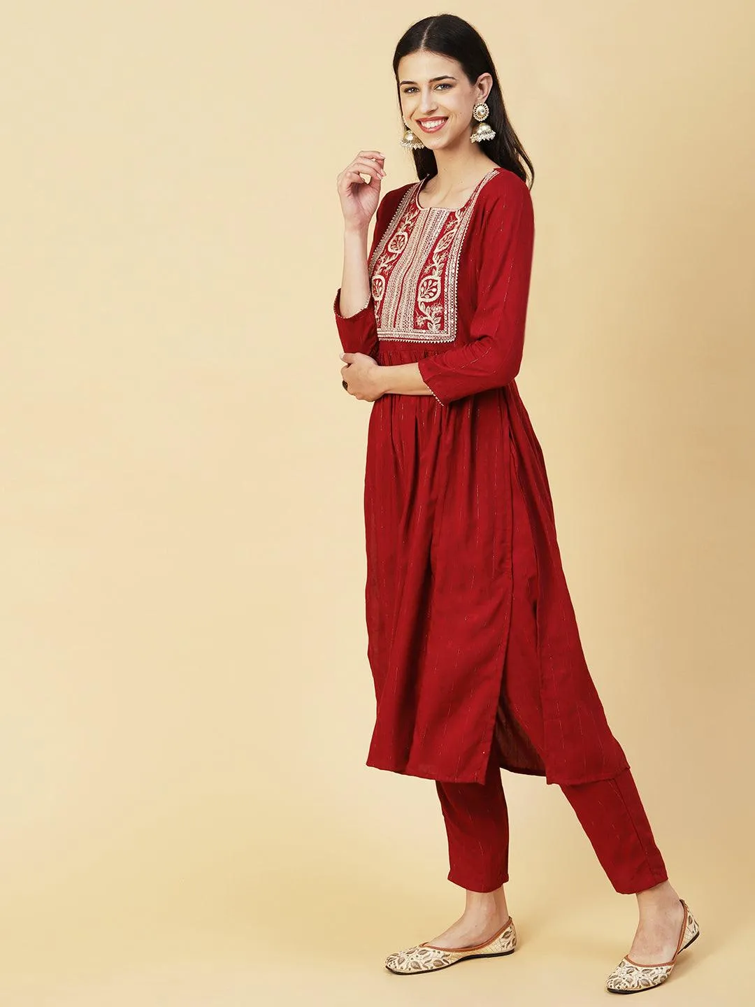 Lurex Striped Dobby Design Zari & Resham Embroidered Kurta With Pants - Maroon