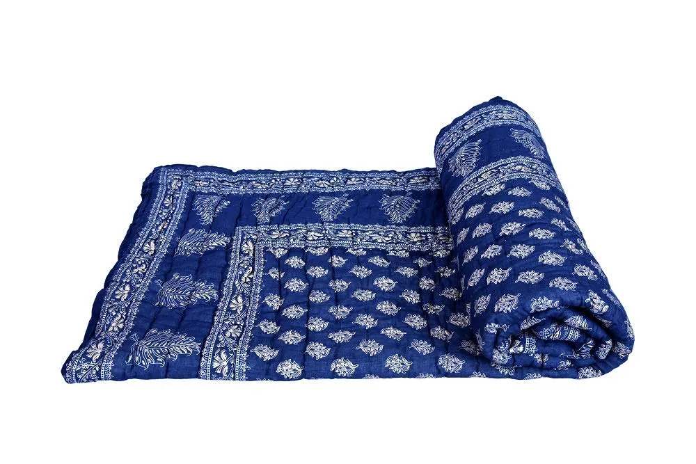 LushHavenDecor Gold Print Jaipuri Light Weight Cotton Single Bed Rajai - Dark Blue