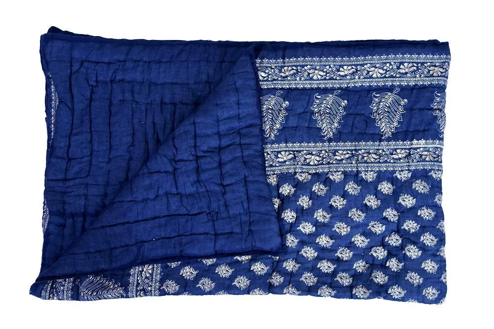 LushHavenDecor Gold Print Jaipuri Light Weight Cotton Single Bed Rajai - Dark Blue