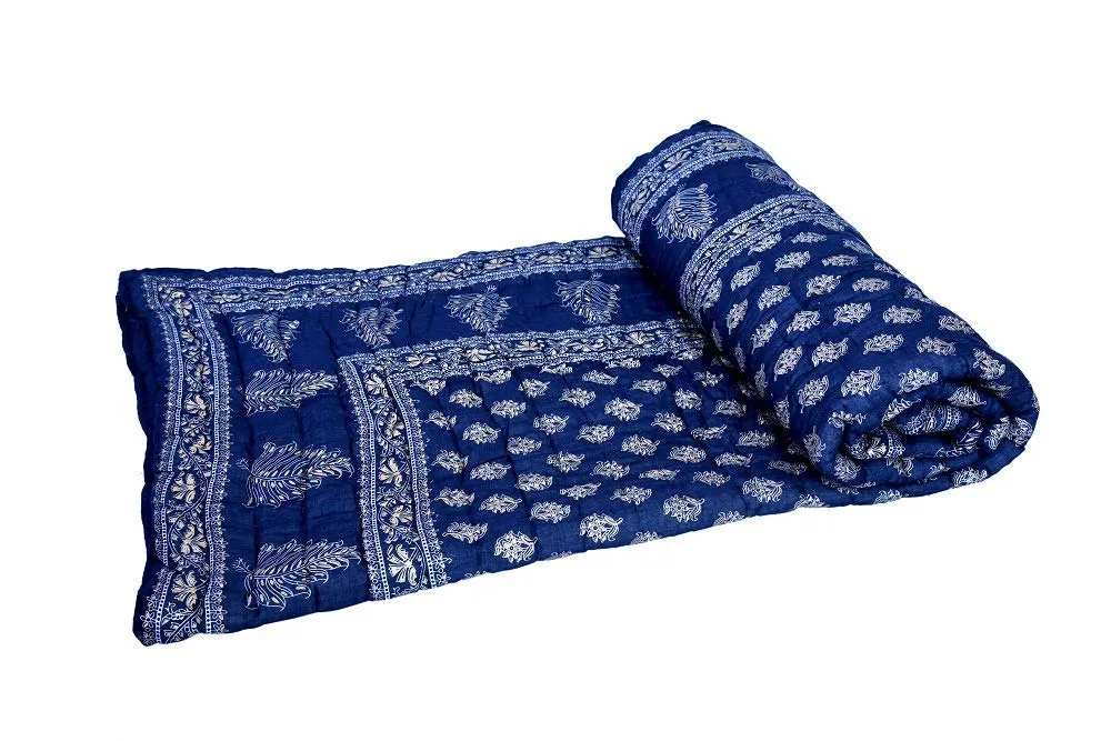 LushHavenDecor Gold Print Jaipuri Light Weight Cotton Single Bed Rajai - Dark Blue