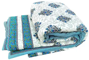 LushHavenDecor Rajasthani Cotton Jaipuri Razai Flower Print with Border Design Single Bed Reversible rajai dohar Quilt 55x85 Inch Set of 1, Blue and Green