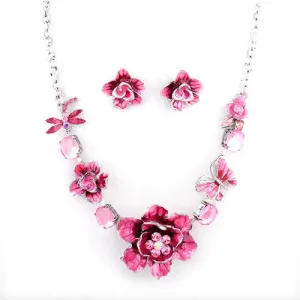 LUX Pink Enamel Garden Flowers Necklace Set with Swarovski Rhinestones