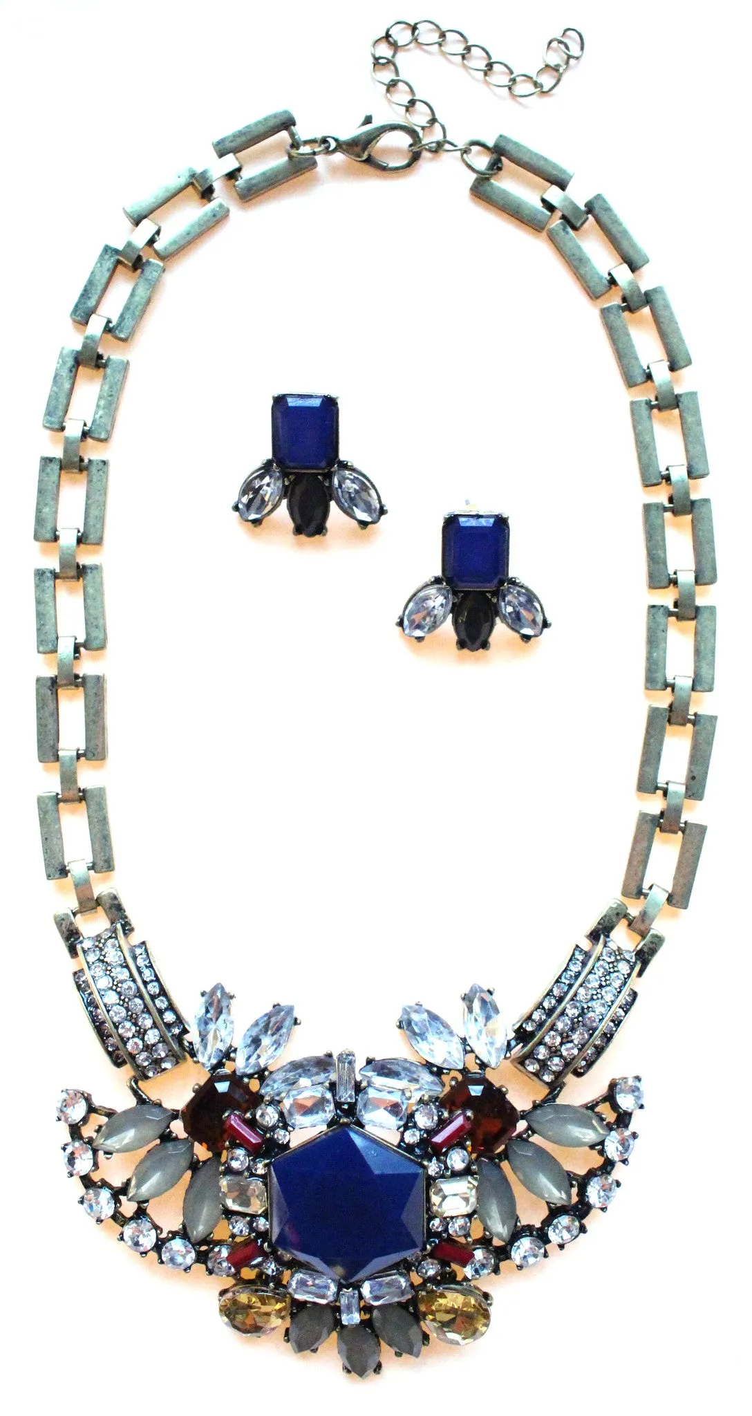 Luxe Crystal Compilation Statement Necklace Set- Navy