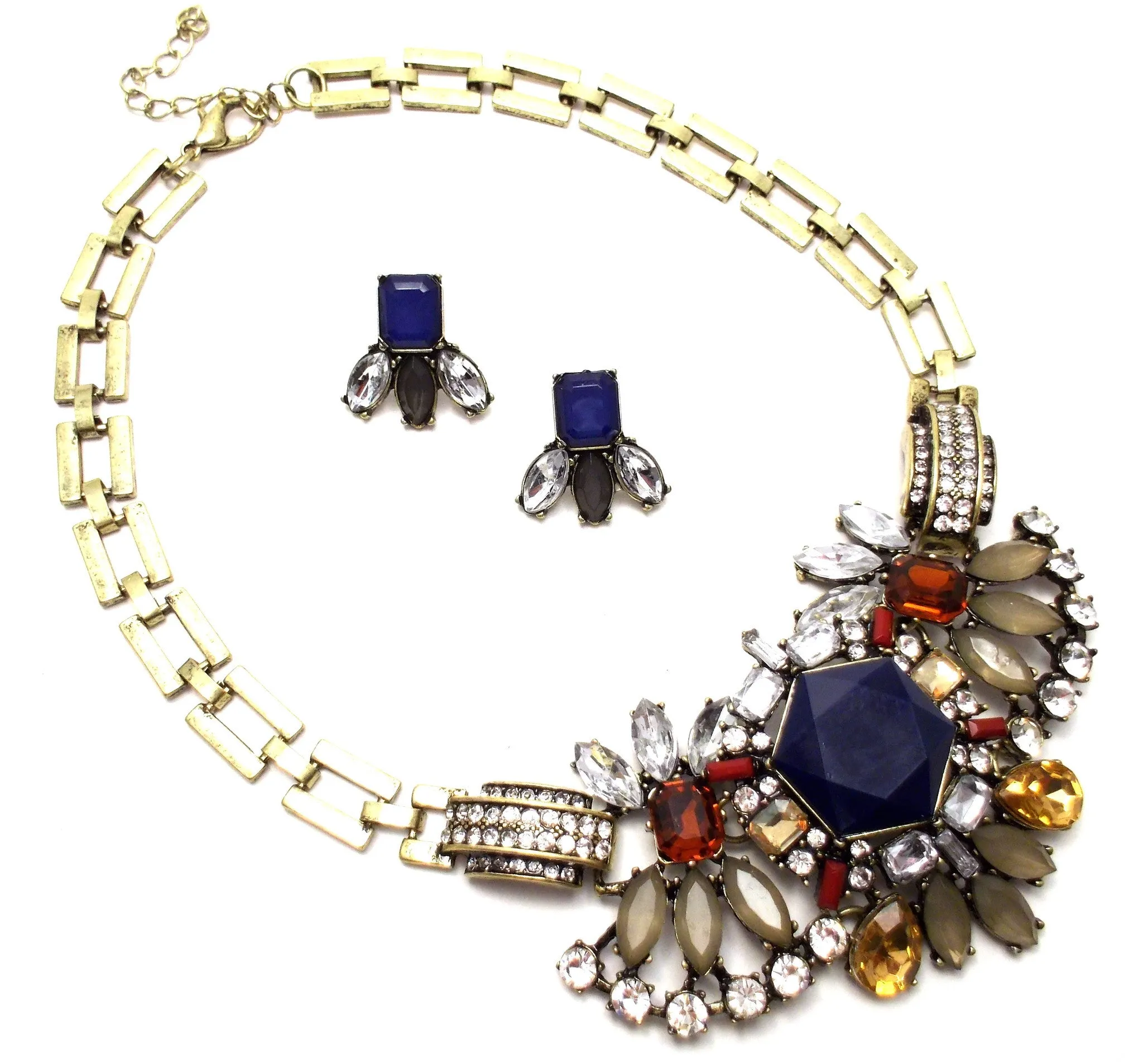 Luxe Crystal Compilation Statement Necklace Set- Navy