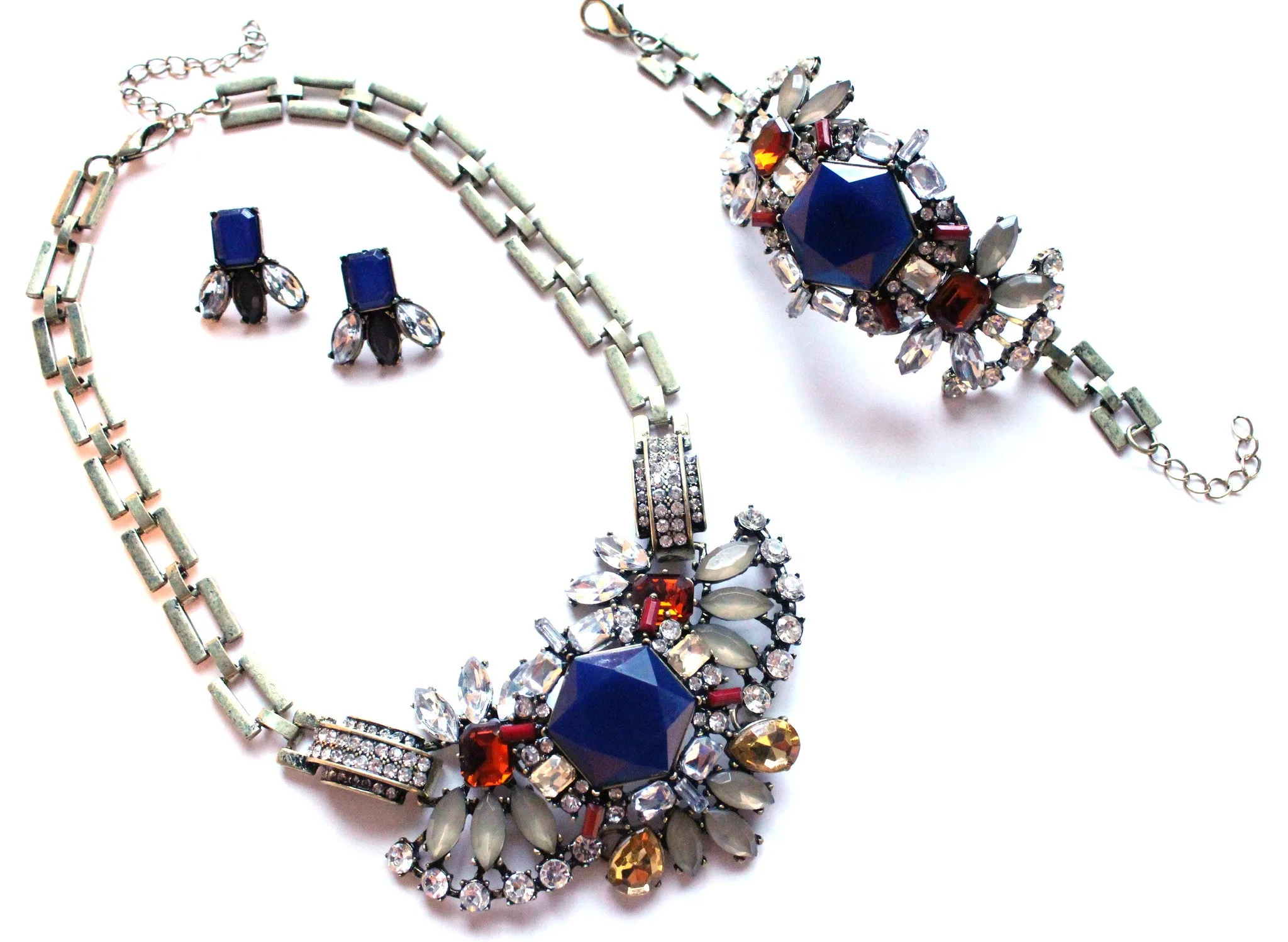 Luxe Crystal Compilation Statement Necklace Set- Navy