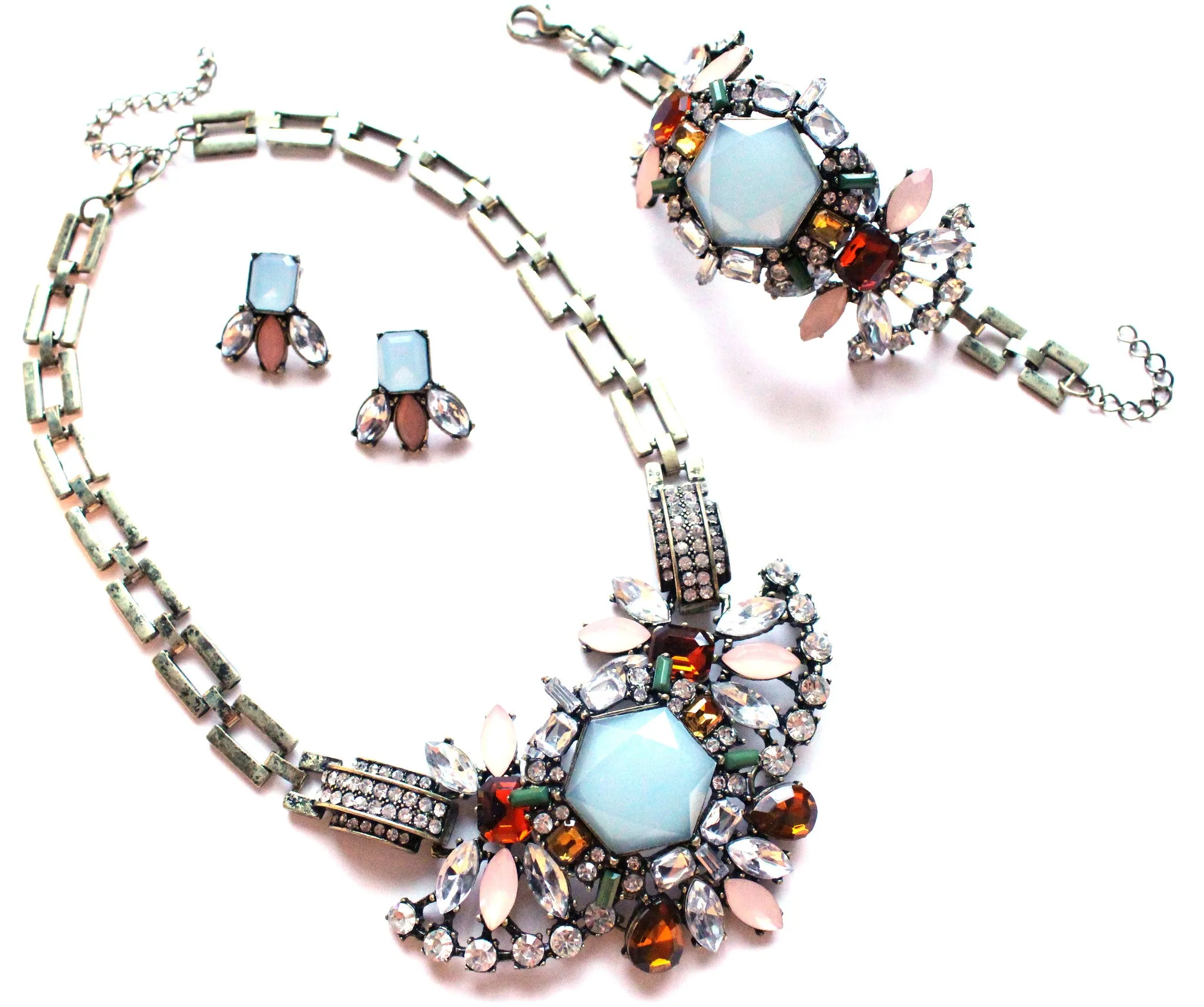 Luxe Crystal Compilation Statement Necklace Set- Sky Blue