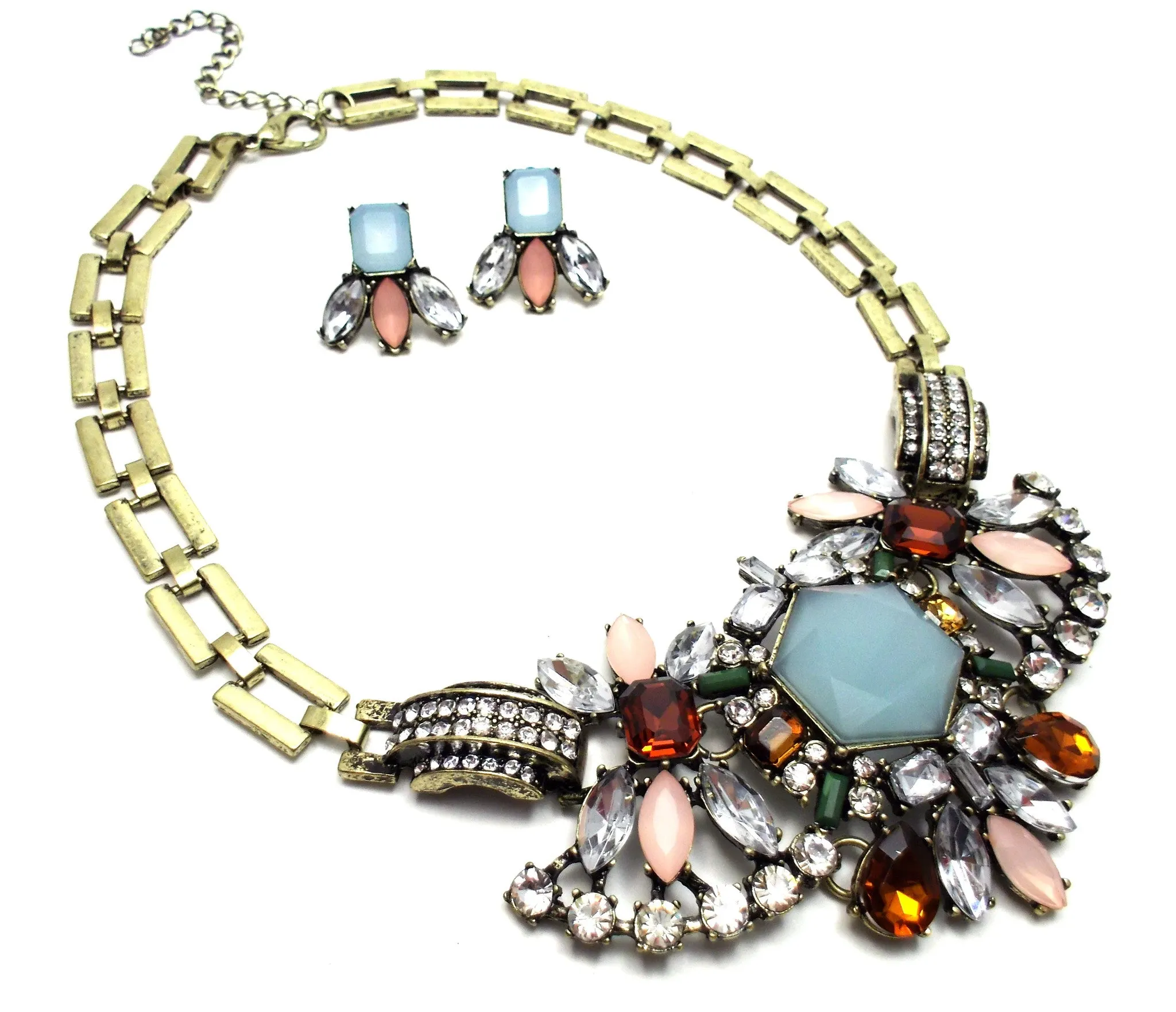 Luxe Crystal Compilation Statement Necklace Set- Sky Blue