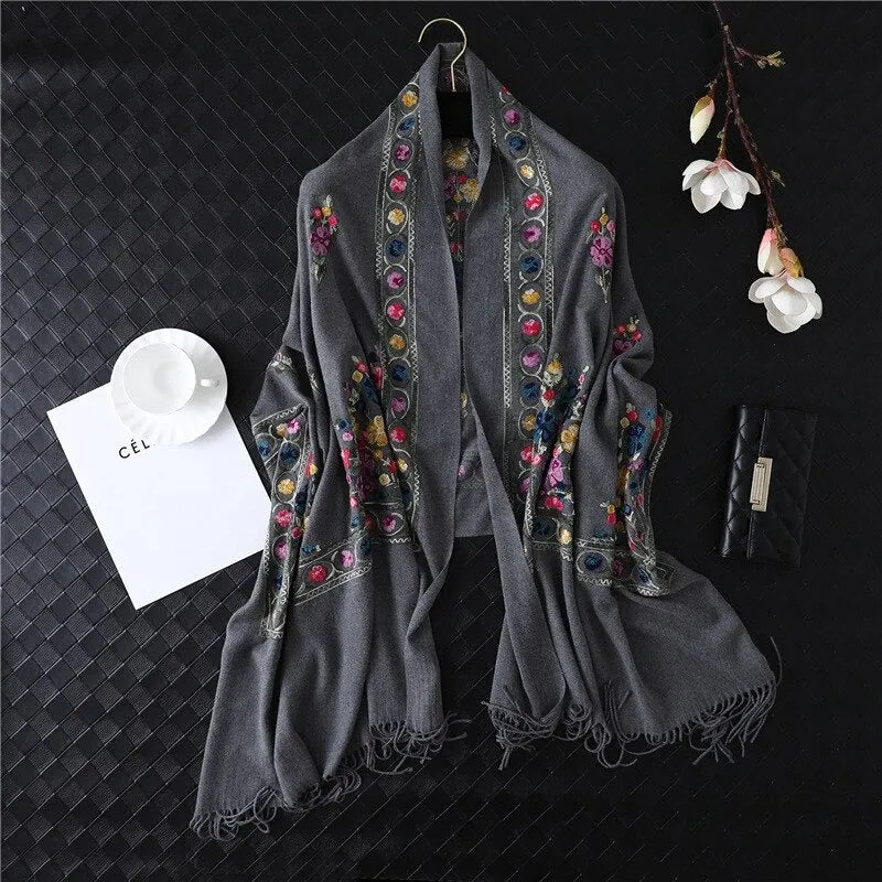 Luxe Flower Embroidery Outdoor Winter Shawl Scarfs