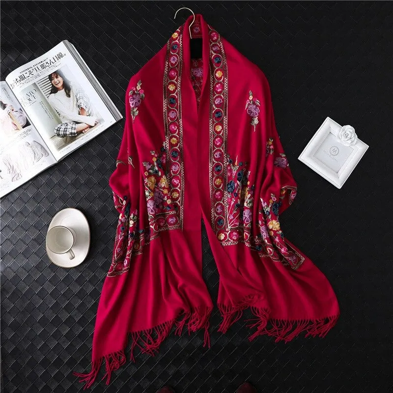 Luxe Flower Embroidery Outdoor Winter Shawl Scarfs