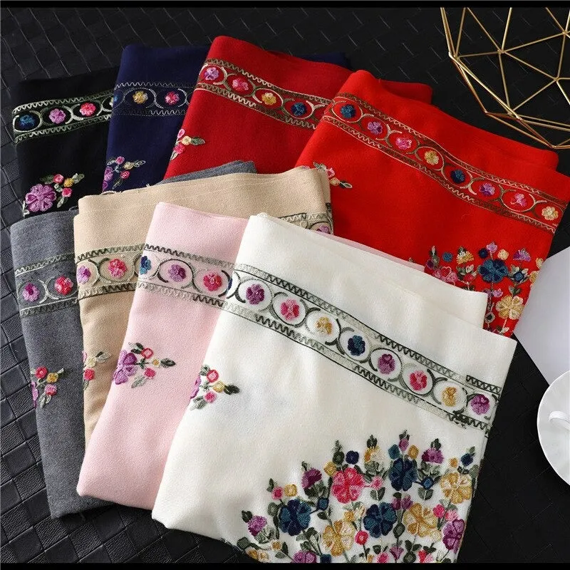 Luxe Flower Embroidery Outdoor Winter Shawl Scarfs