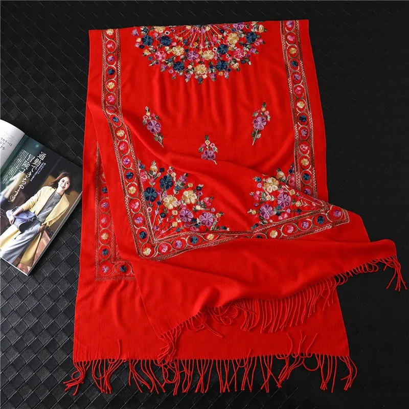 Luxe Flower Embroidery Outdoor Winter Shawl Scarfs