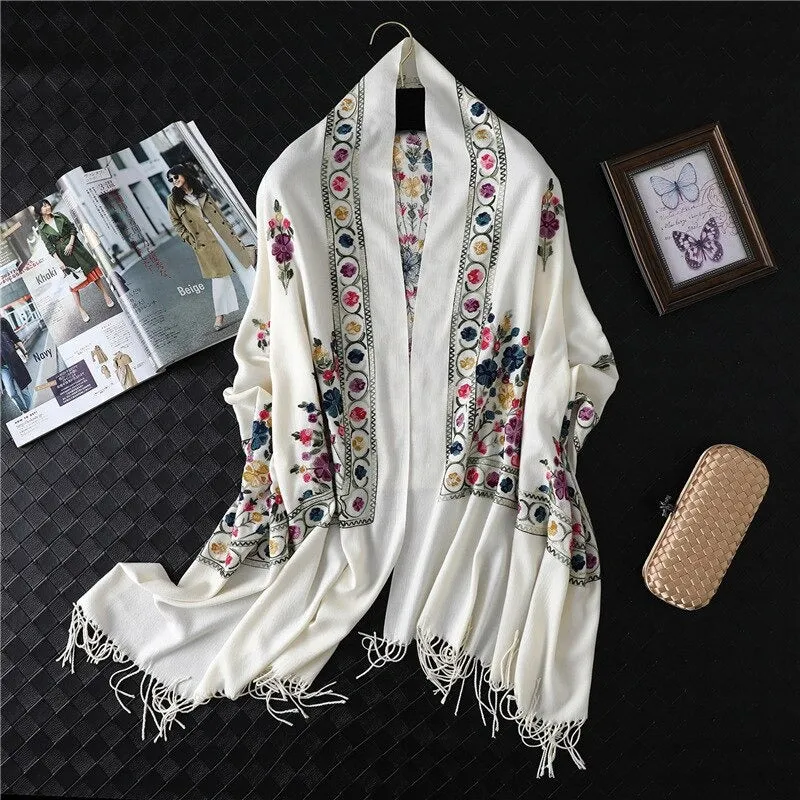 Luxe Flower Embroidery Outdoor Winter Shawl Scarfs