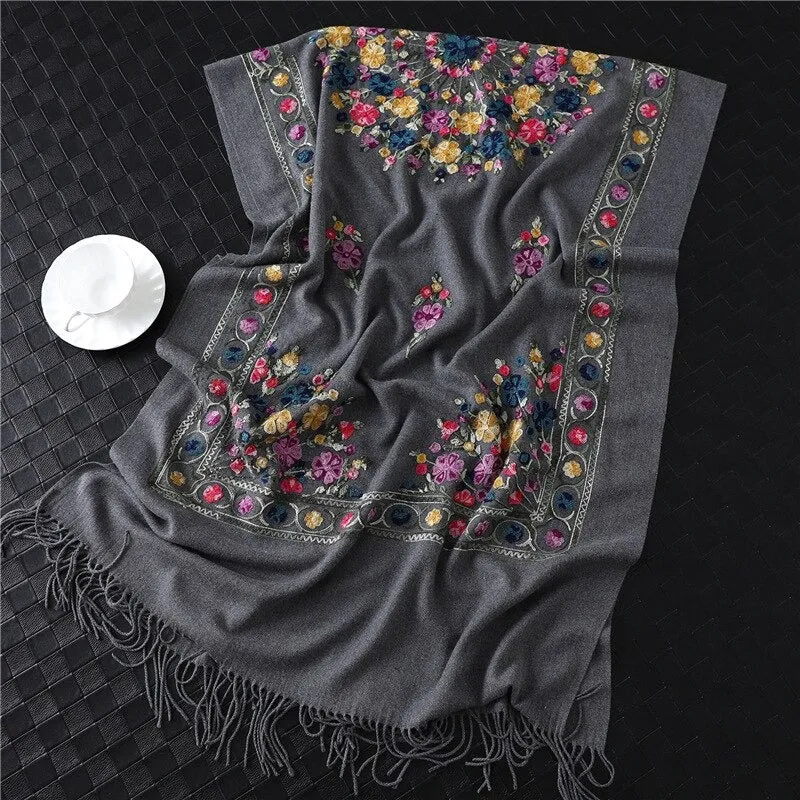 Luxe Flower Embroidery Outdoor Winter Shawl Scarfs