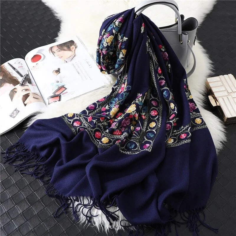 Luxe Flower Embroidery Outdoor Winter Shawl Scarfs