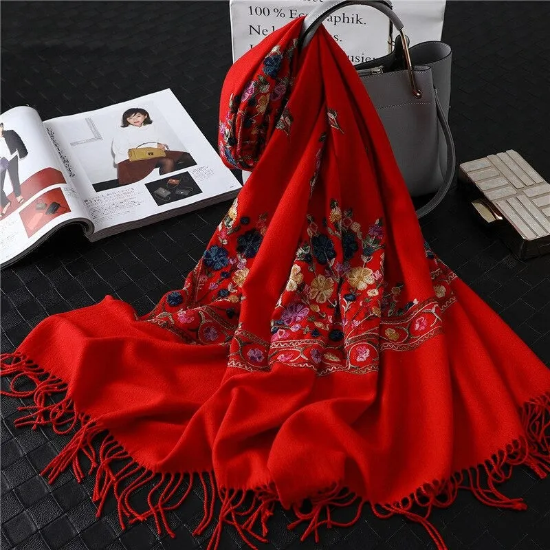 Luxe Flower Embroidery Outdoor Winter Shawl Scarfs