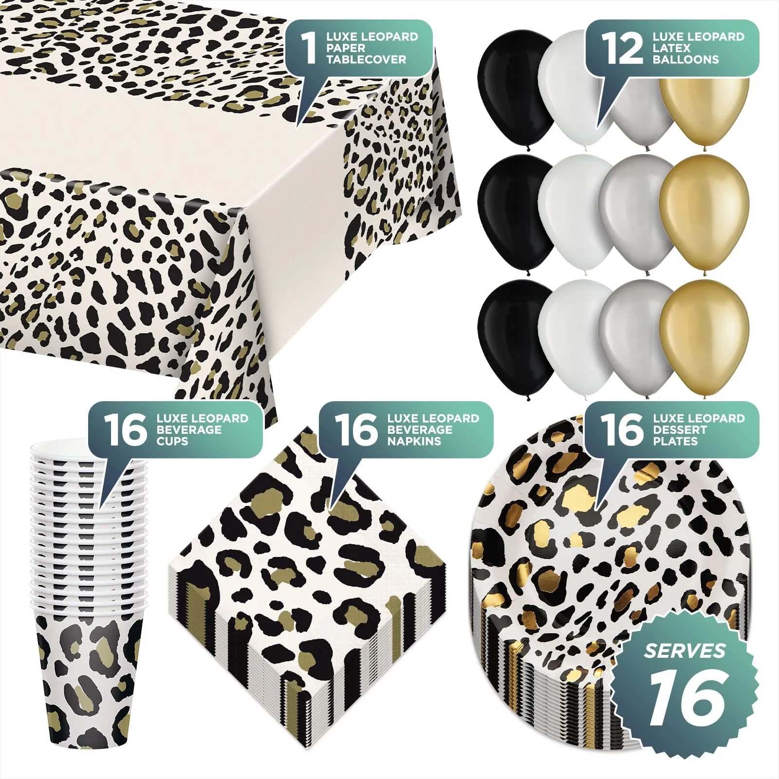 Luxe Leopard Dessert Party Paper Dessert Plates, Napkins, Cups, and Pearlized Mini Balloons (Serves 16)