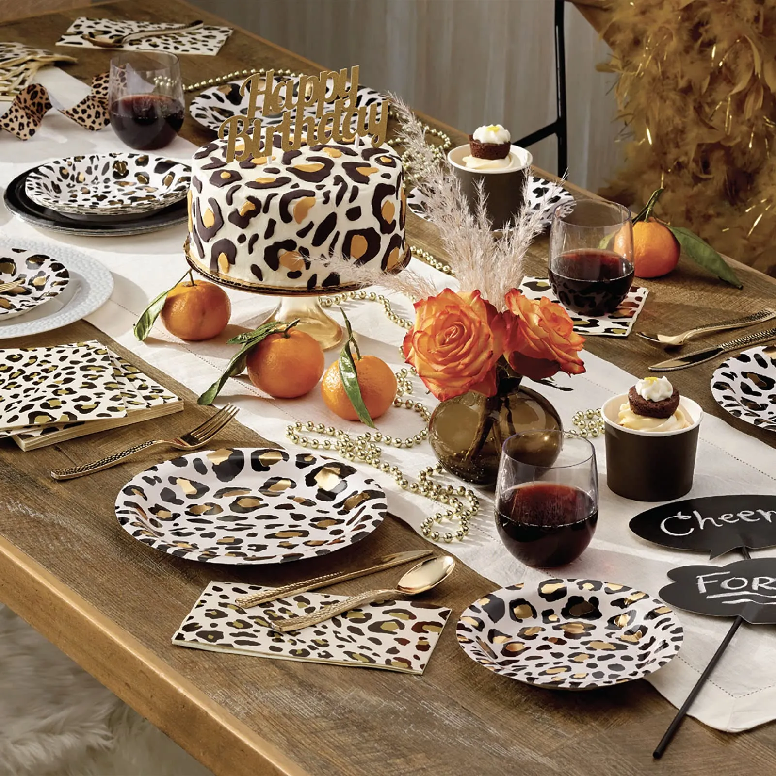 Luxe Leopard Dessert Party Paper Dessert Plates, Napkins, Cups, and Pearlized Mini Balloons (Serves 16)