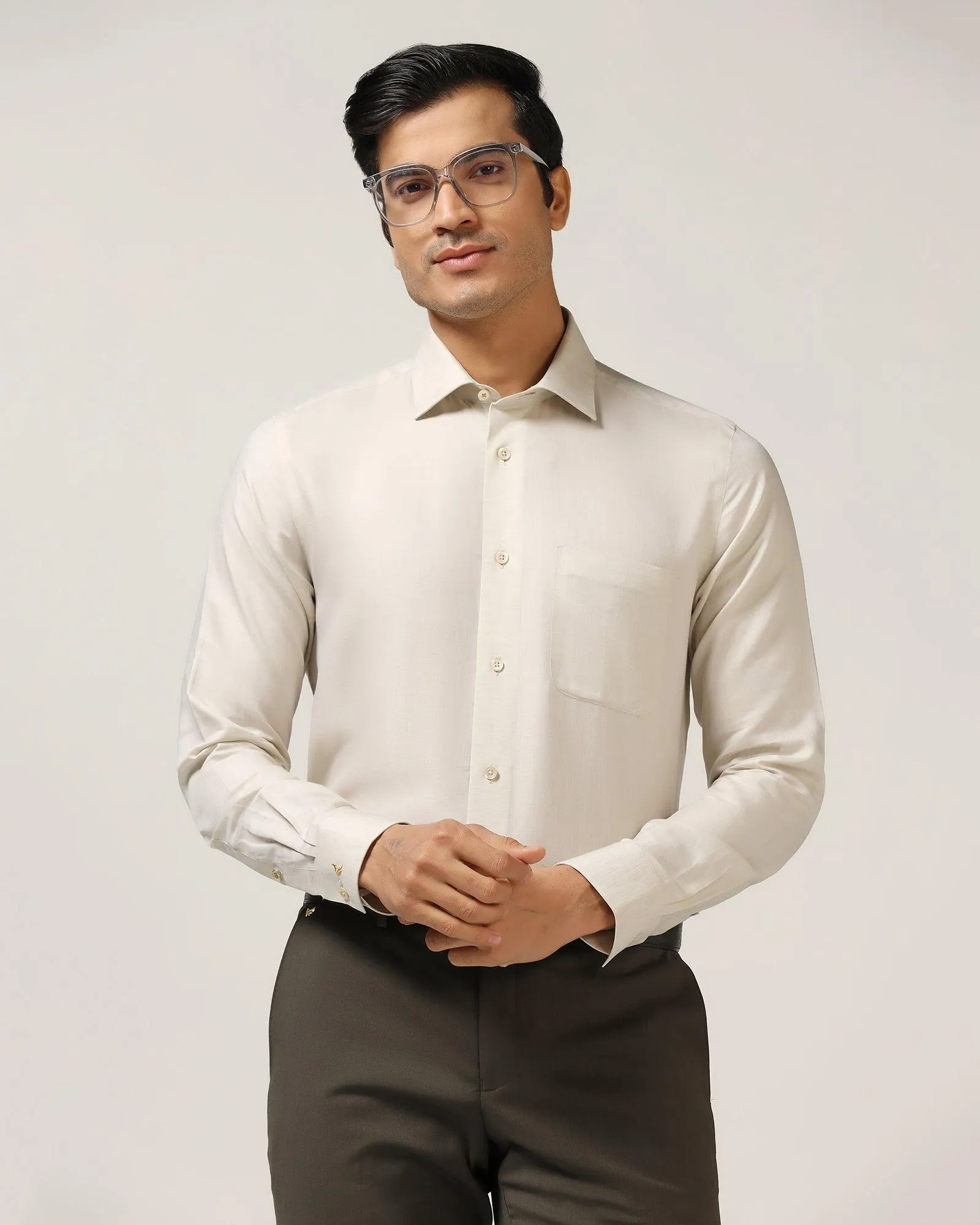 Luxe Linen Formal Beige Textured Shirt - Veltry