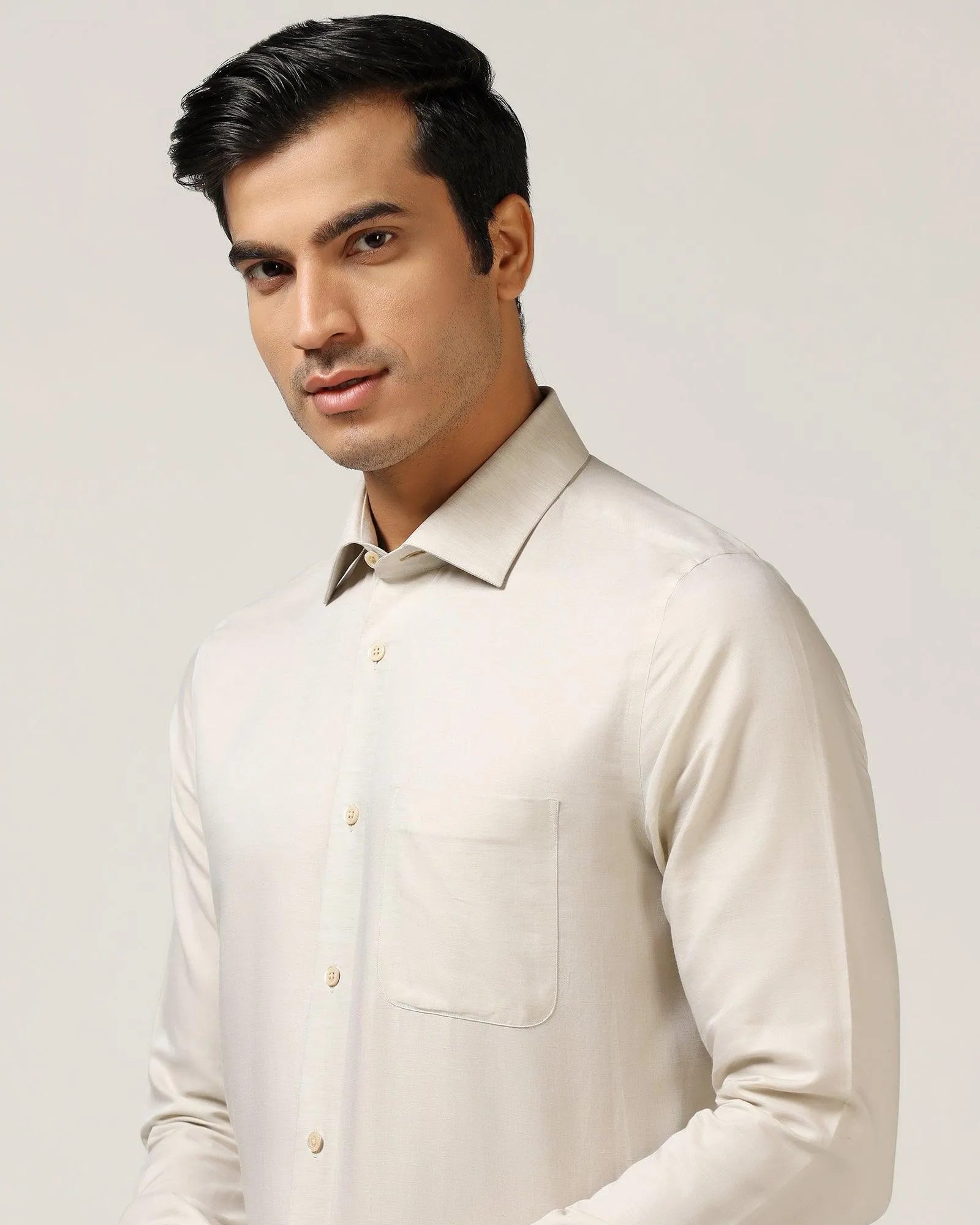 Luxe Linen Formal Beige Textured Shirt - Veltry