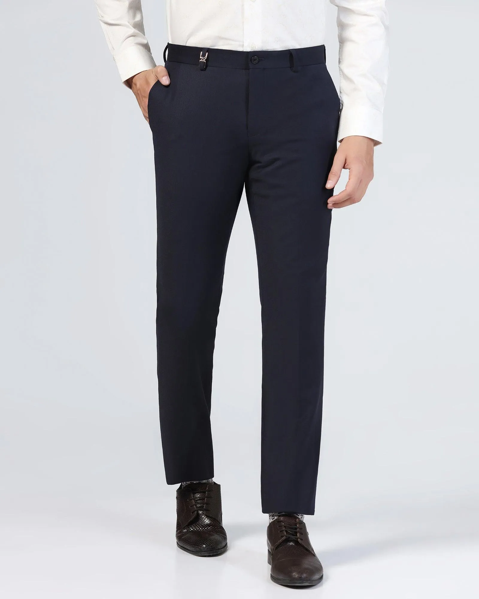 Luxe Slim Comfort B-95 Formal Navy Textured Trouser - Bugati