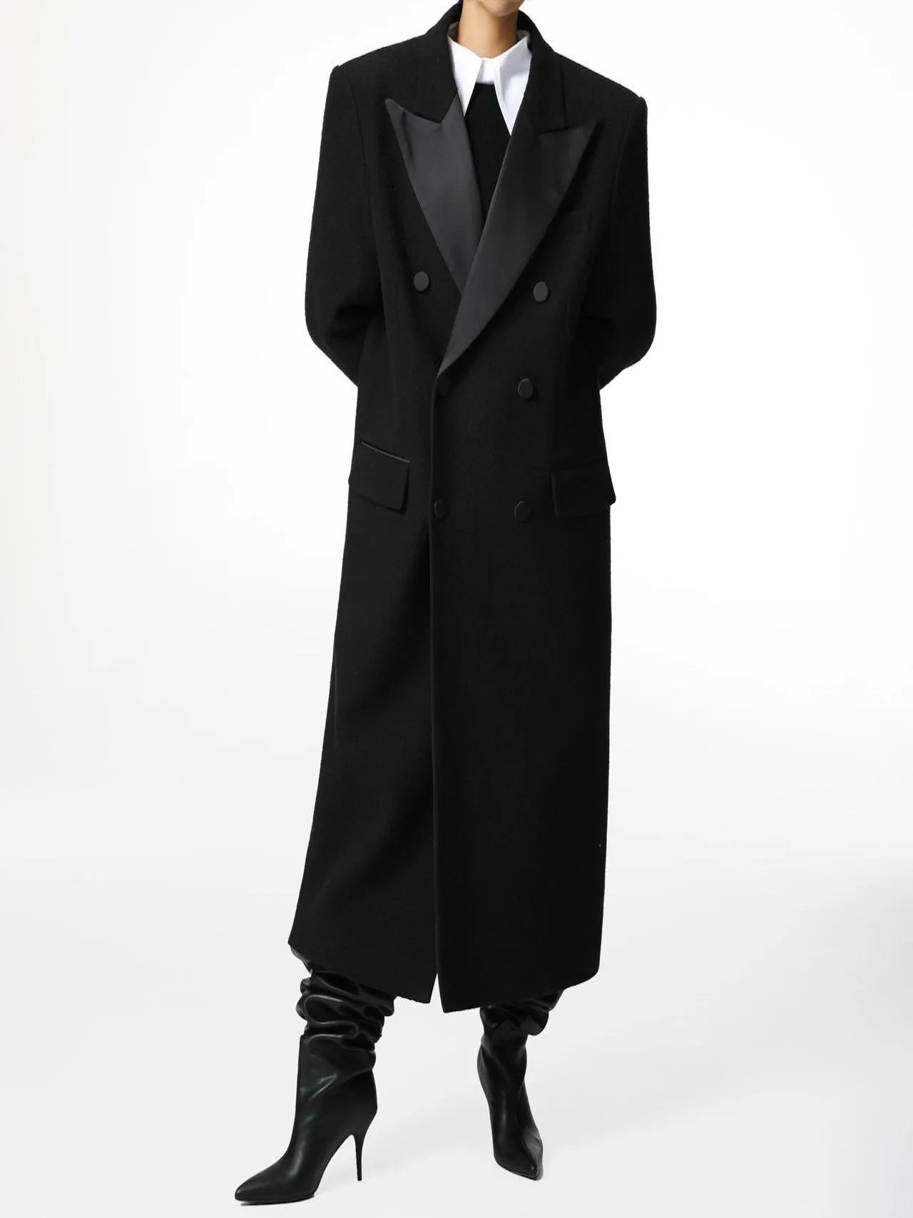 LUXE TUXEDO SATIN PEAKED LAPEL TWEED COAT