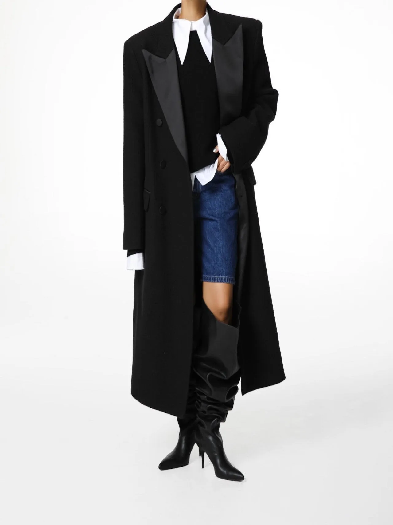 LUXE TUXEDO SATIN PEAKED LAPEL TWEED COAT