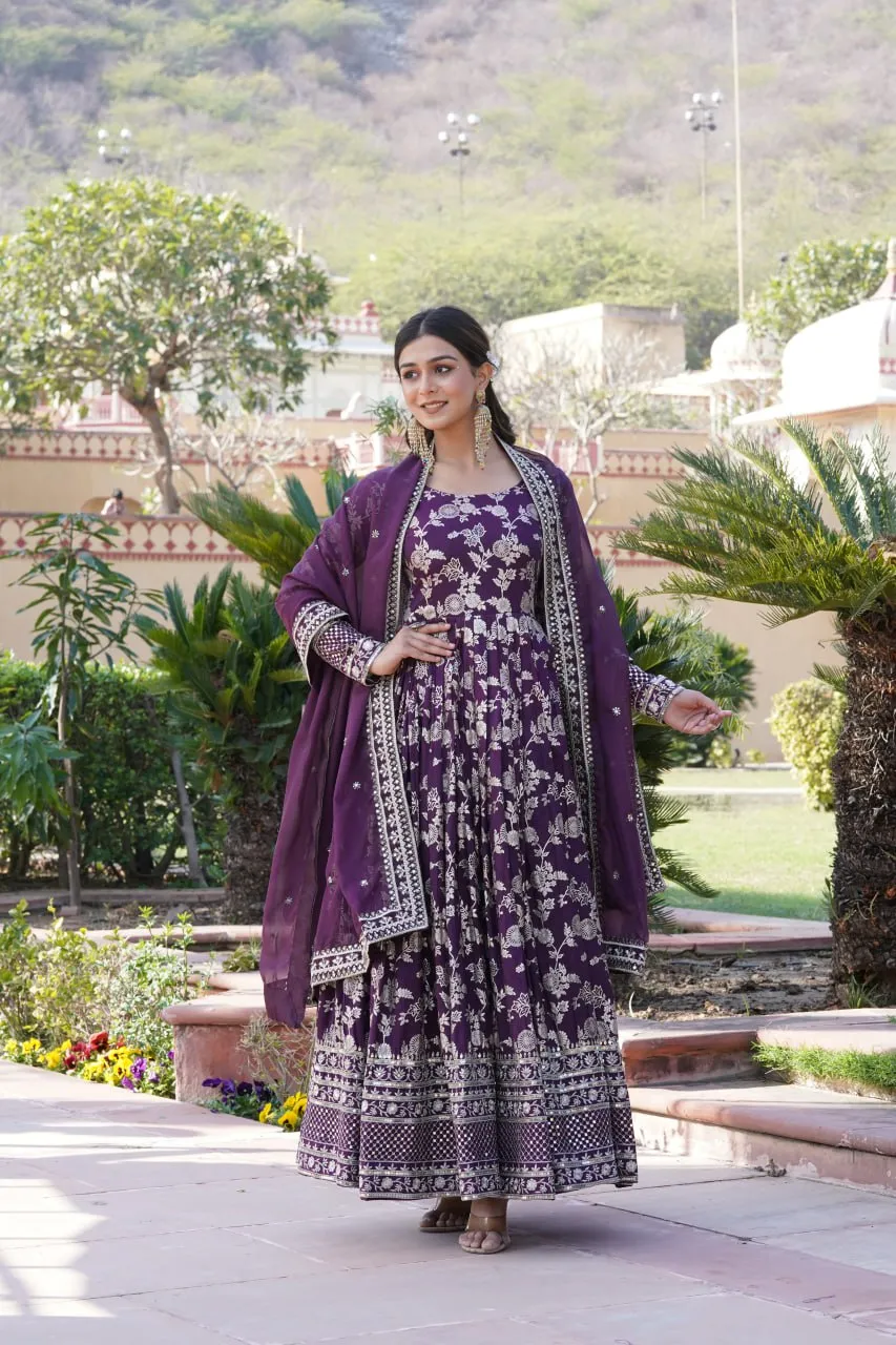 Luxe Wine Viscose Jacquard Gown with Sequin Embroidery & Russian Silk Dupatta