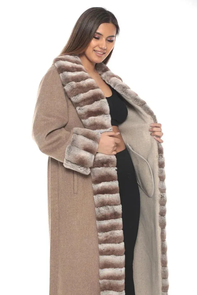 Luxurious Beige Wool Alpaca Long Coat with Rex Fur Details