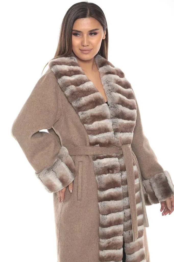 Luxurious Beige Wool Alpaca Long Coat with Rex Fur Details