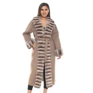 Luxurious Beige Wool Alpaca Long Coat with Rex Fur Details