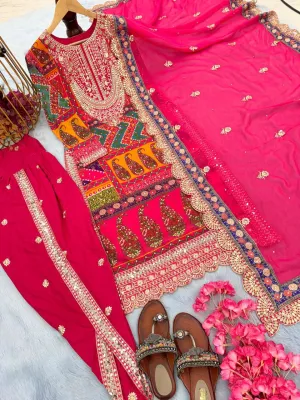 Luxurious Crystal Embroidered Pink Pakistani Dhoti Suit with Cutwork Dupatta