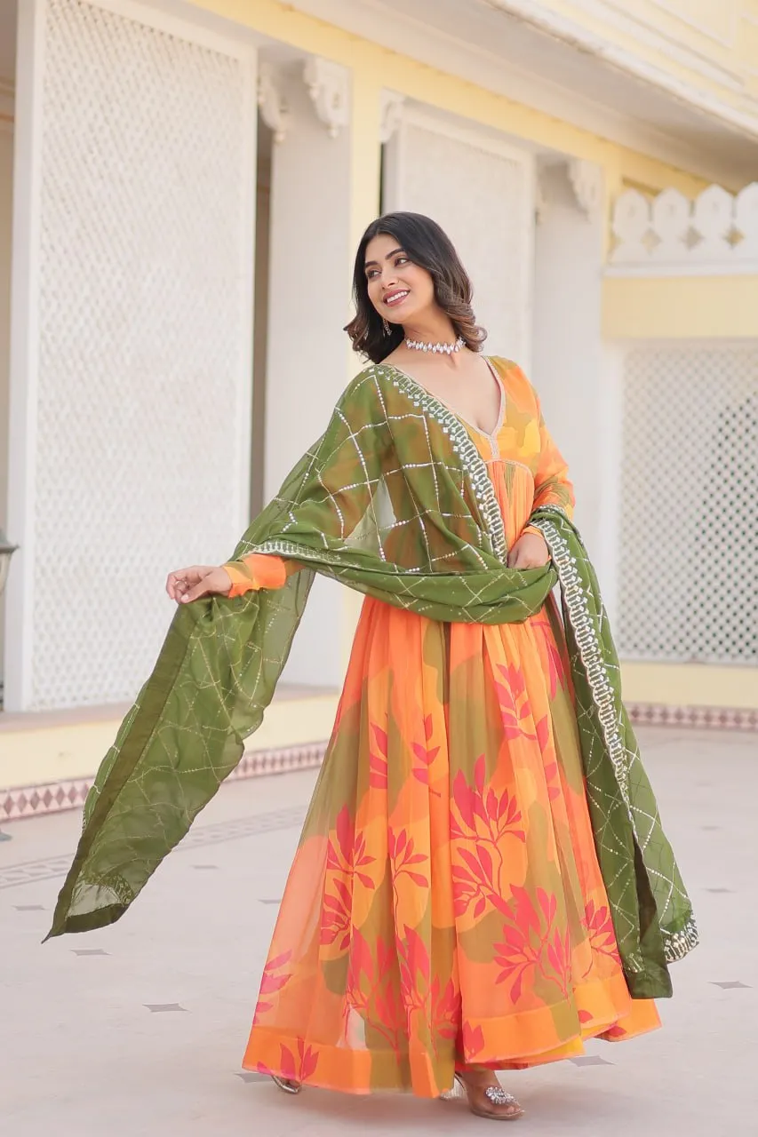 Luxurious Digital Print Alia Cut Orange Gown with Embroidered Dupatta Set