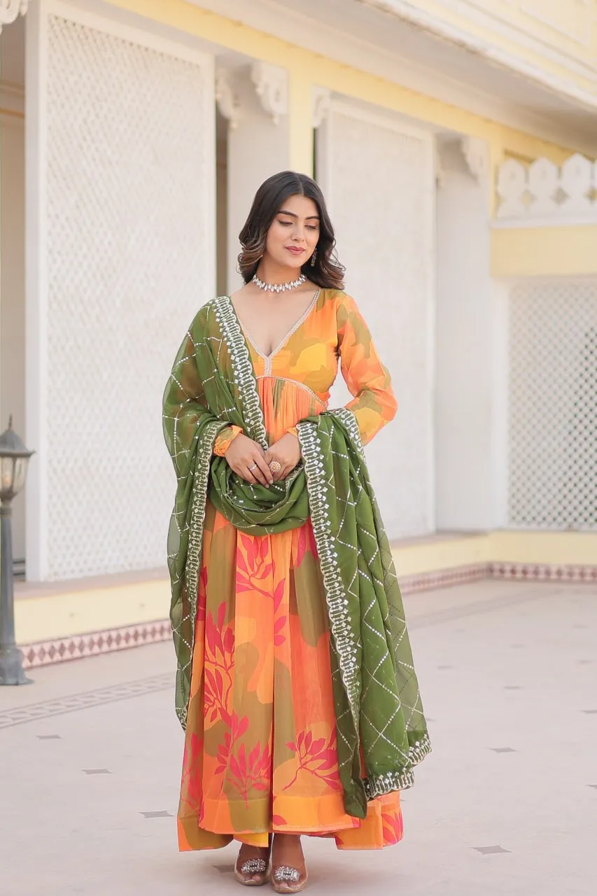 Luxurious Digital Print Alia Cut Orange Gown with Embroidered Dupatta Set