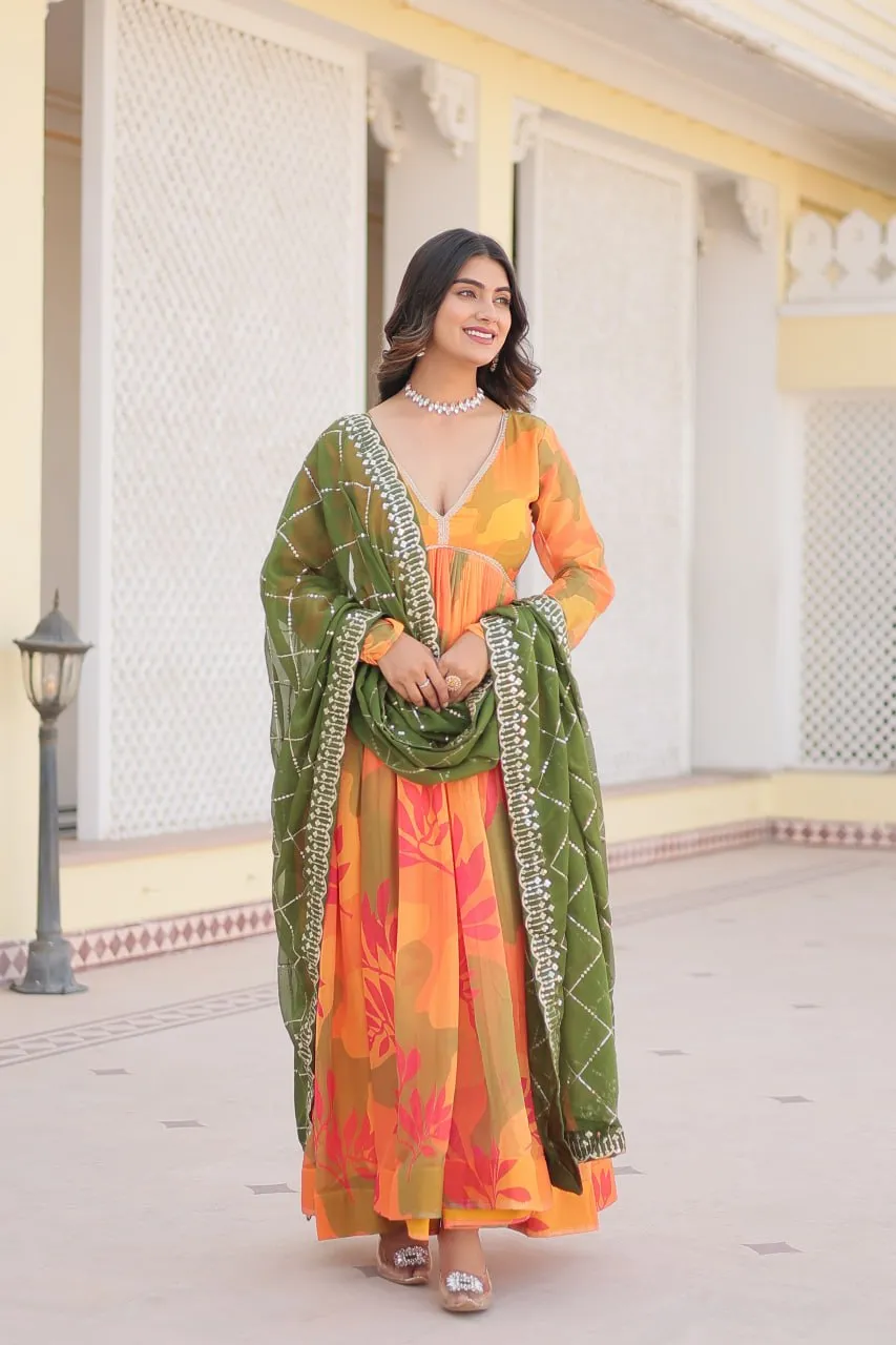 Luxurious Digital Print Alia Cut Orange Gown with Embroidered Dupatta Set