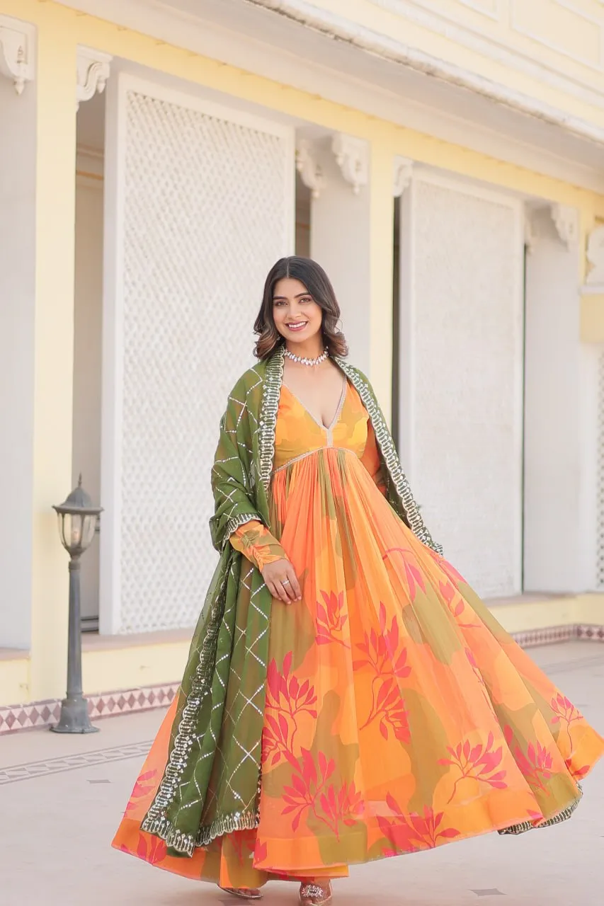 Luxurious Digital Print Alia Cut Orange Gown with Embroidered Dupatta Set