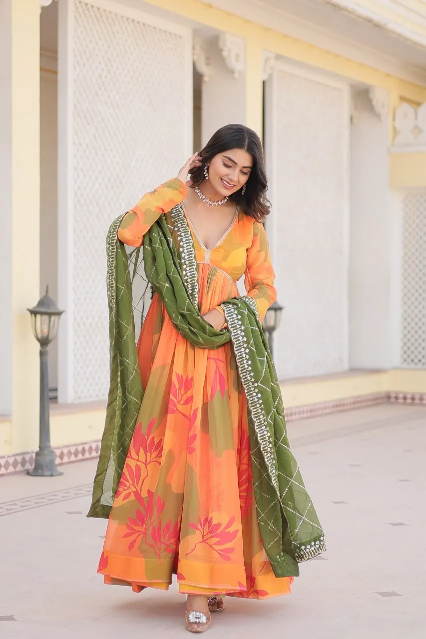 Luxurious Digital Print Alia Cut Orange Gown with Embroidered Dupatta Set