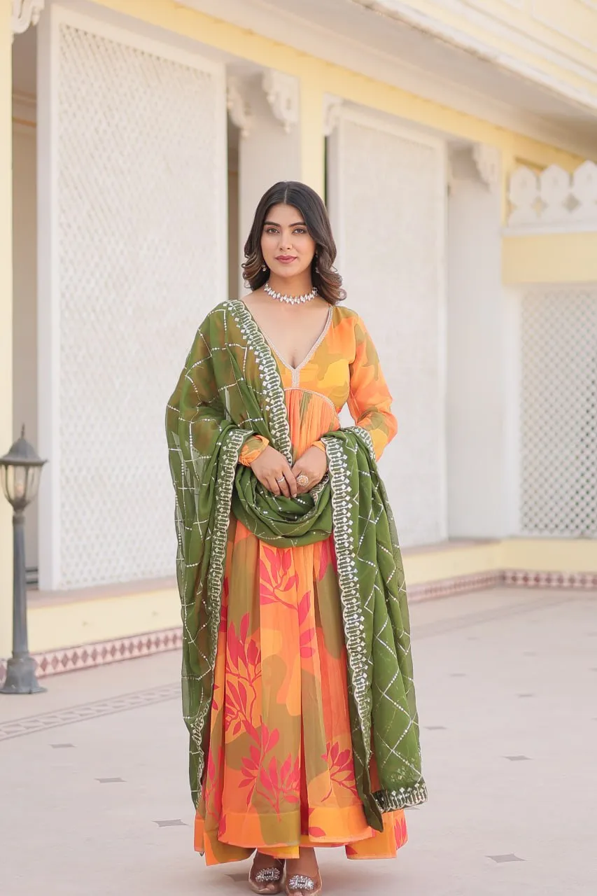 Luxurious Digital Print Alia Cut Orange Gown with Embroidered Dupatta Set