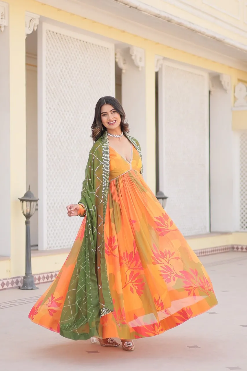 Luxurious Digital Print Alia Cut Orange Gown with Embroidered Dupatta Set