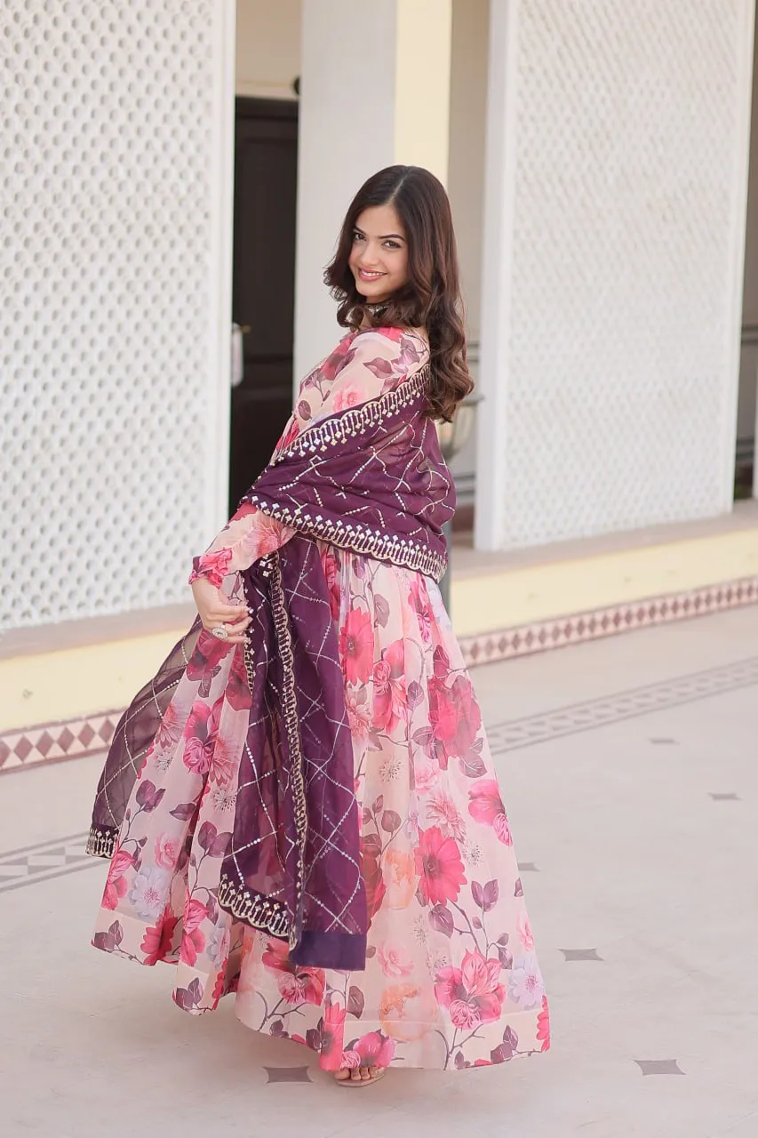 Luxurious Digital Print Alia Cut Pink Gown with Embroidered Dupatta Set