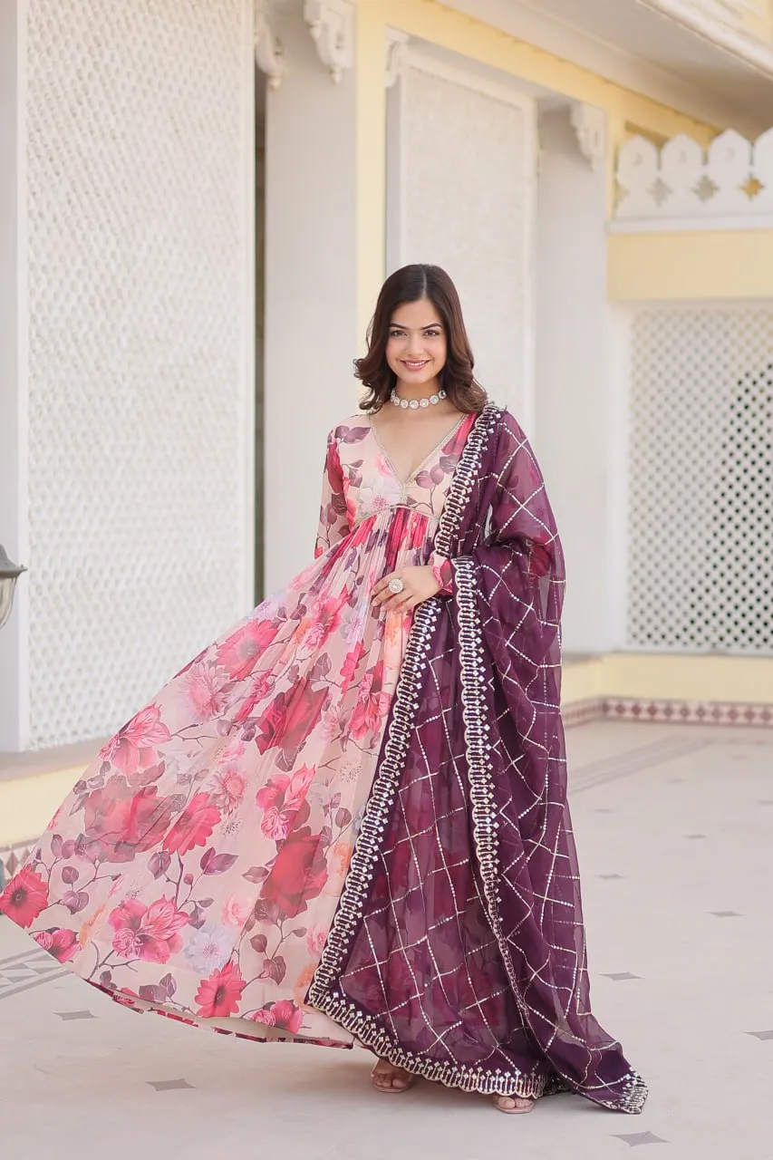 Luxurious Digital Print Alia Cut Pink Gown with Embroidered Dupatta Set