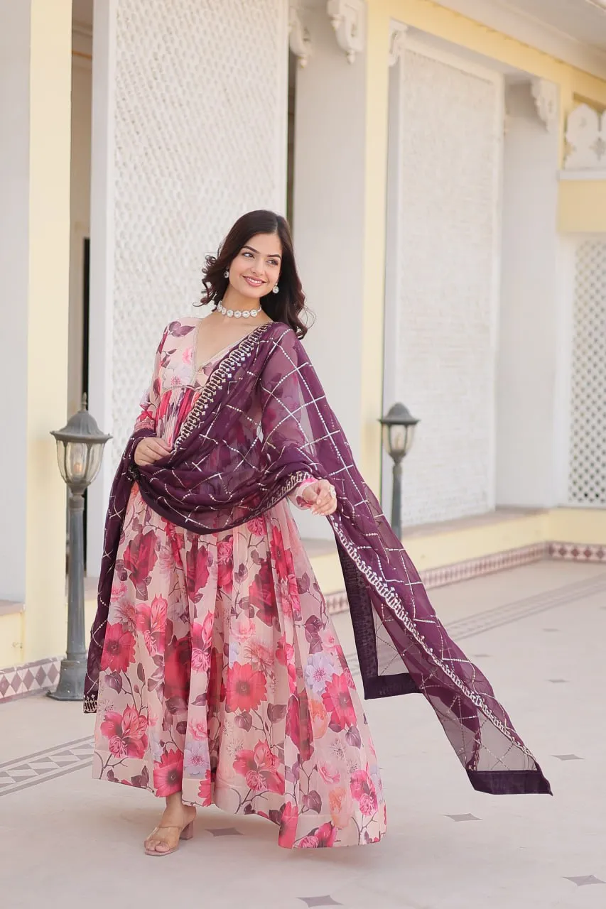 Luxurious Digital Print Alia Cut Pink Gown with Embroidered Dupatta Set