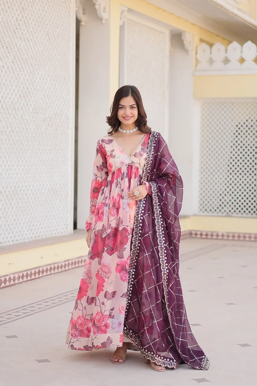 Luxurious Digital Print Alia Cut Pink Gown with Embroidered Dupatta Set