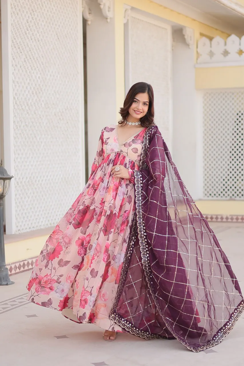 Luxurious Digital Print Alia Cut Pink Gown with Embroidered Dupatta Set