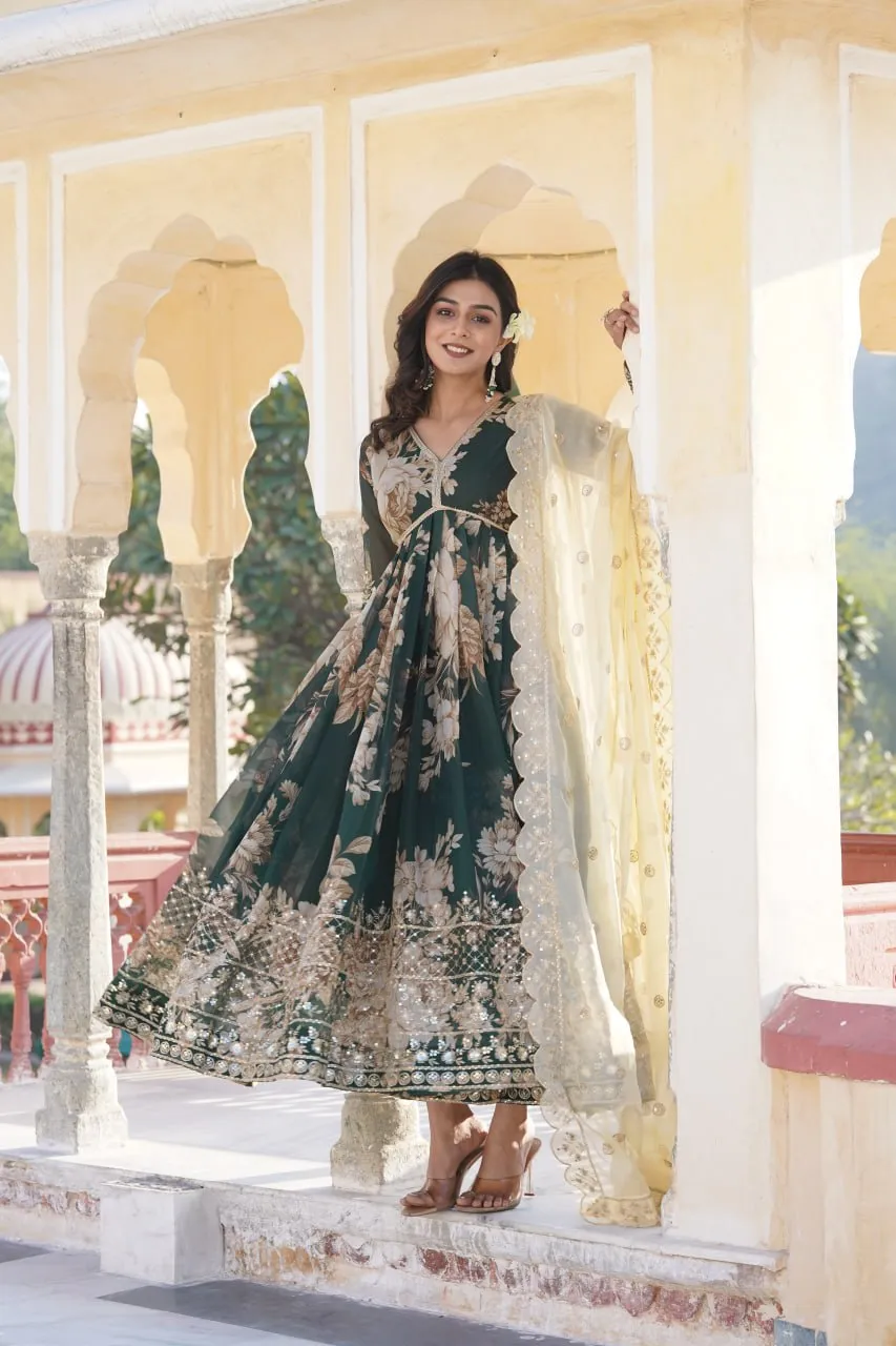 Luxurious Green Alia Cut Gown with Embroidered Dupatta Set