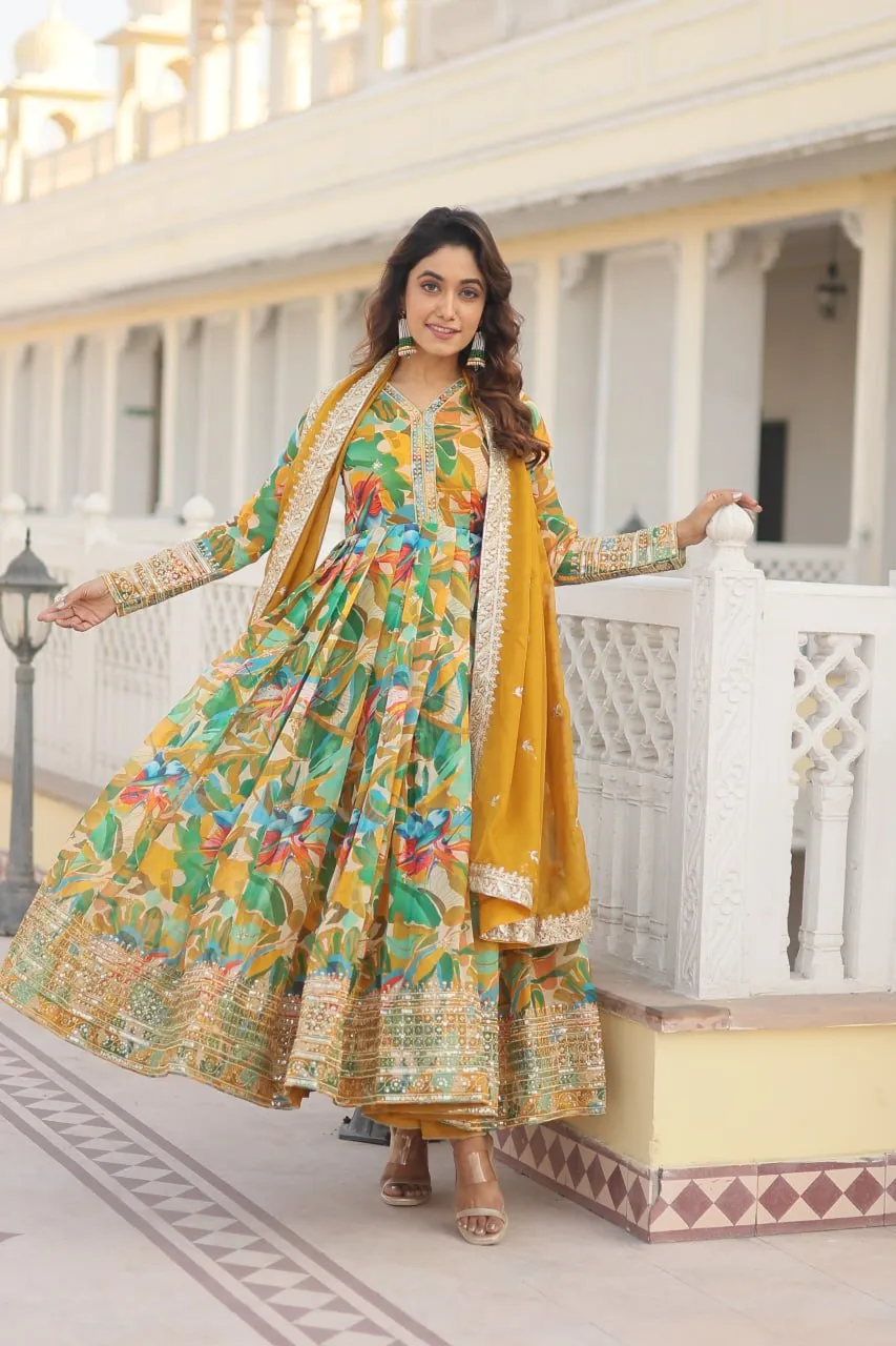 Luxurious Green Readymade Gown with Embroidered Dupatta Set