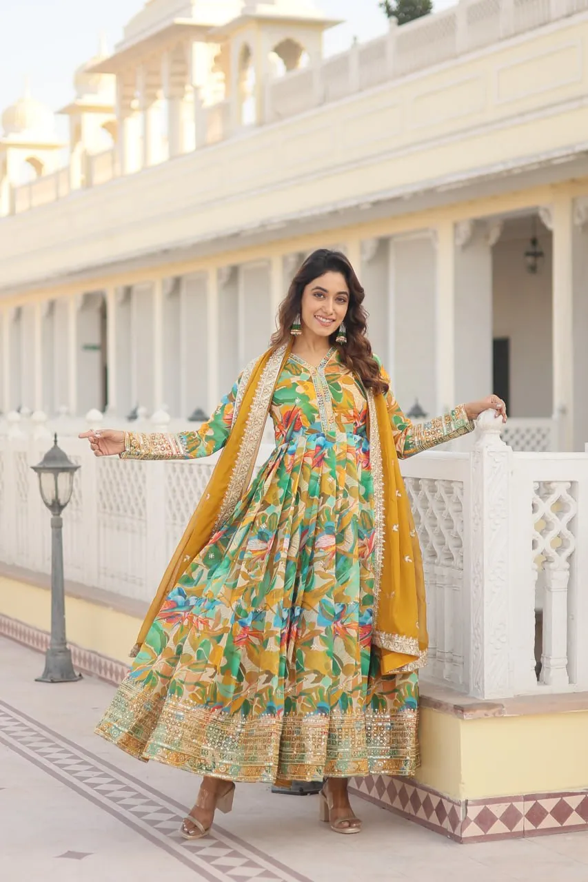 Luxurious Green Readymade Gown with Embroidered Dupatta Set