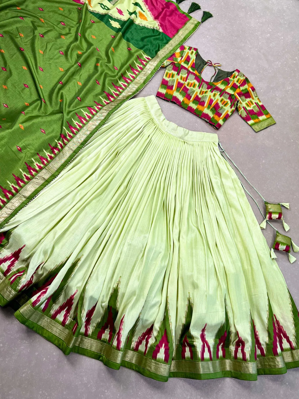 Luxurious Pista Green Printed Tussar Silk Lehenga Choli with Foil Work - Set of 3