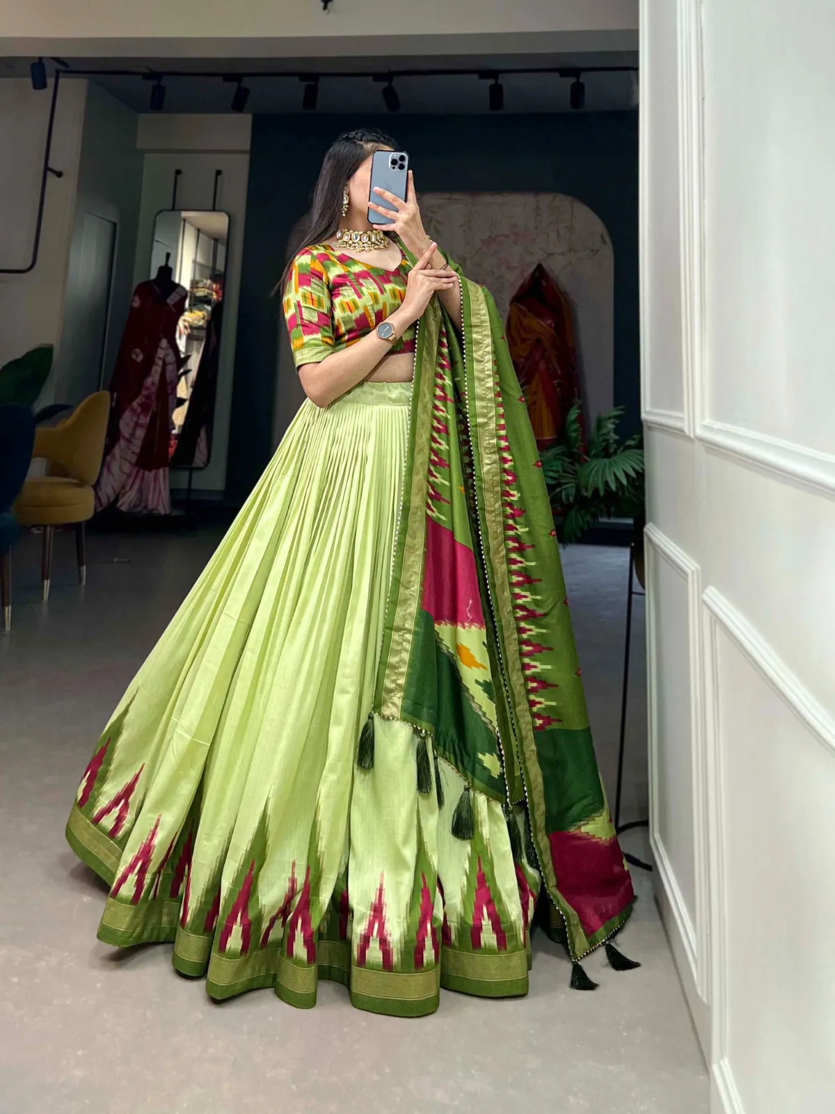 Luxurious Pista Green Printed Tussar Silk Lehenga Choli with Foil Work - Set of 3