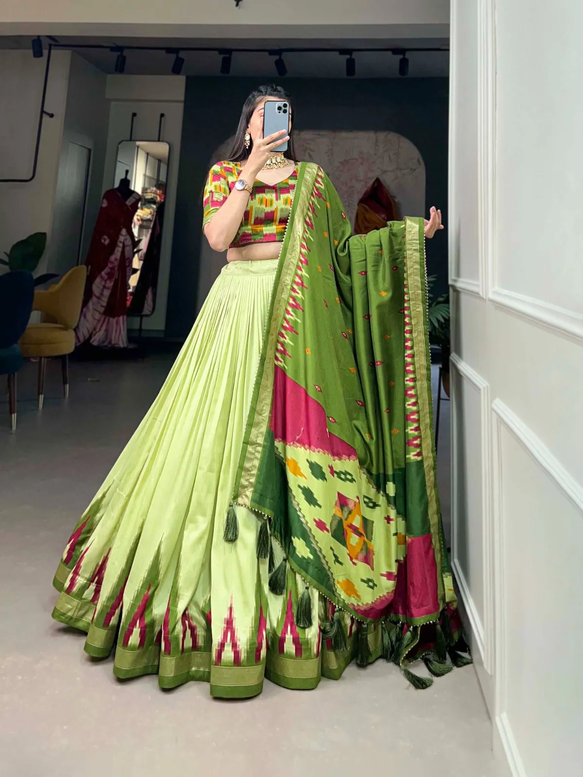 Luxurious Pista Green Printed Tussar Silk Lehenga Choli with Foil Work - Set of 3