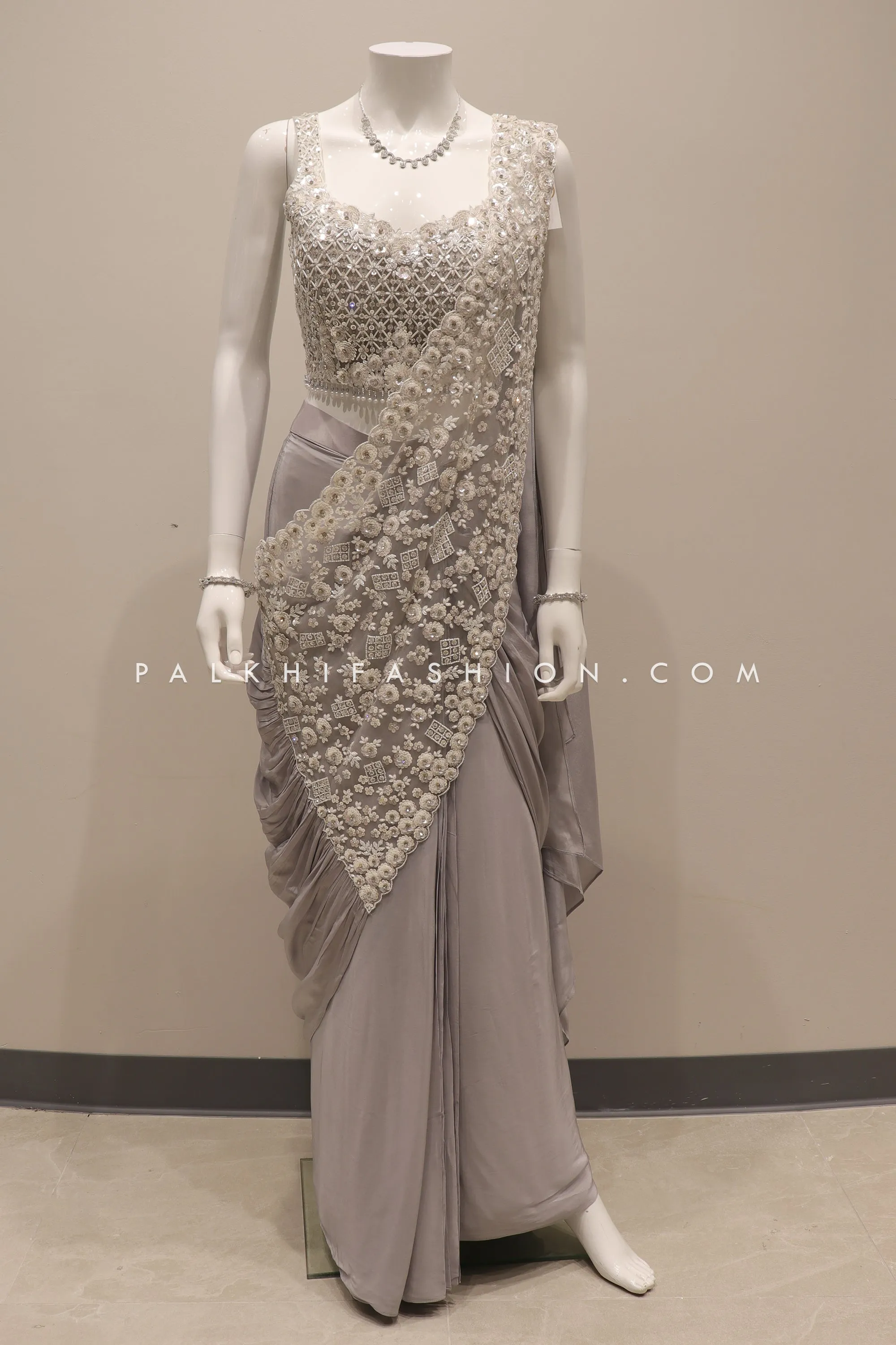 Luxurious Silver Ash Ready-to-Drape Indian Designer Outfit